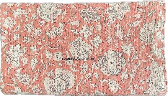 Hippie Floral Handblock Handmade Cotton Block Kantha Quilting Vintage Throw Blanket Hippie Queen/King Size Bohemian Bed Decor Quilt (Pink, 60X90 inch)