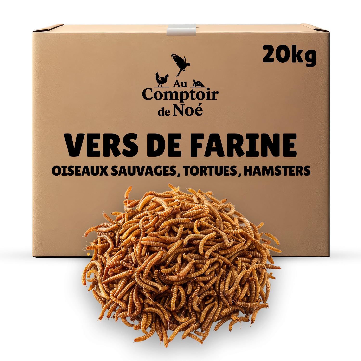 vers de Farine Séchés 20kg Au Comptoir de Noé, 100% Naturel, Riches en Protéines et Bonne Graisse, Alimentation pour Poissons, Oiseaux Sauvages, Tortues, Hérissons, Rongeurs et Reptiles