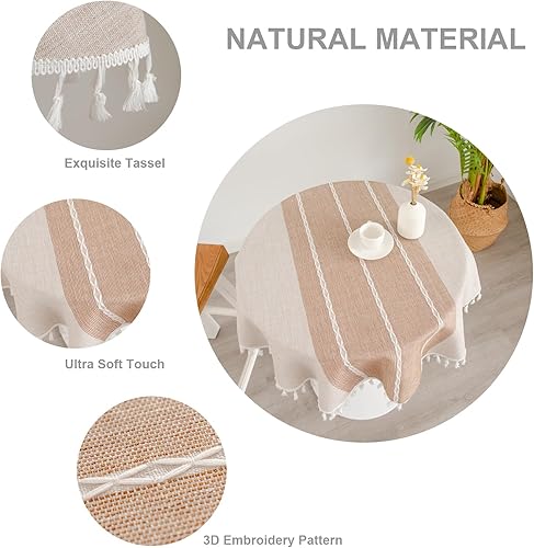 Miniatura 10 de Mantel redondo pequeño rústico, color café claro, lino y algodón, grande, de arpillera pesada, para mesita de noche, cocina, comedor, fiesta,