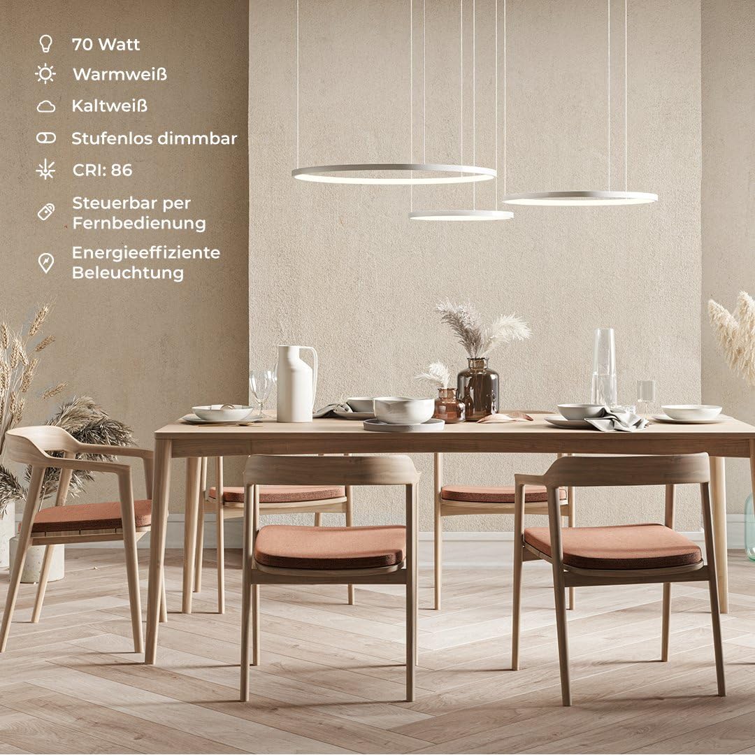 NEONA CAECILIA LED Pendelleuchte dimmbar mit Fernbedienung – 3-Ring Hängeleuchte warmweiß bis kaltweiß, Memory-Funktion, Aluminium, Ø 70/55/40 cm, höhenverstellbar, 3 Jahre Garantie (Weiß)