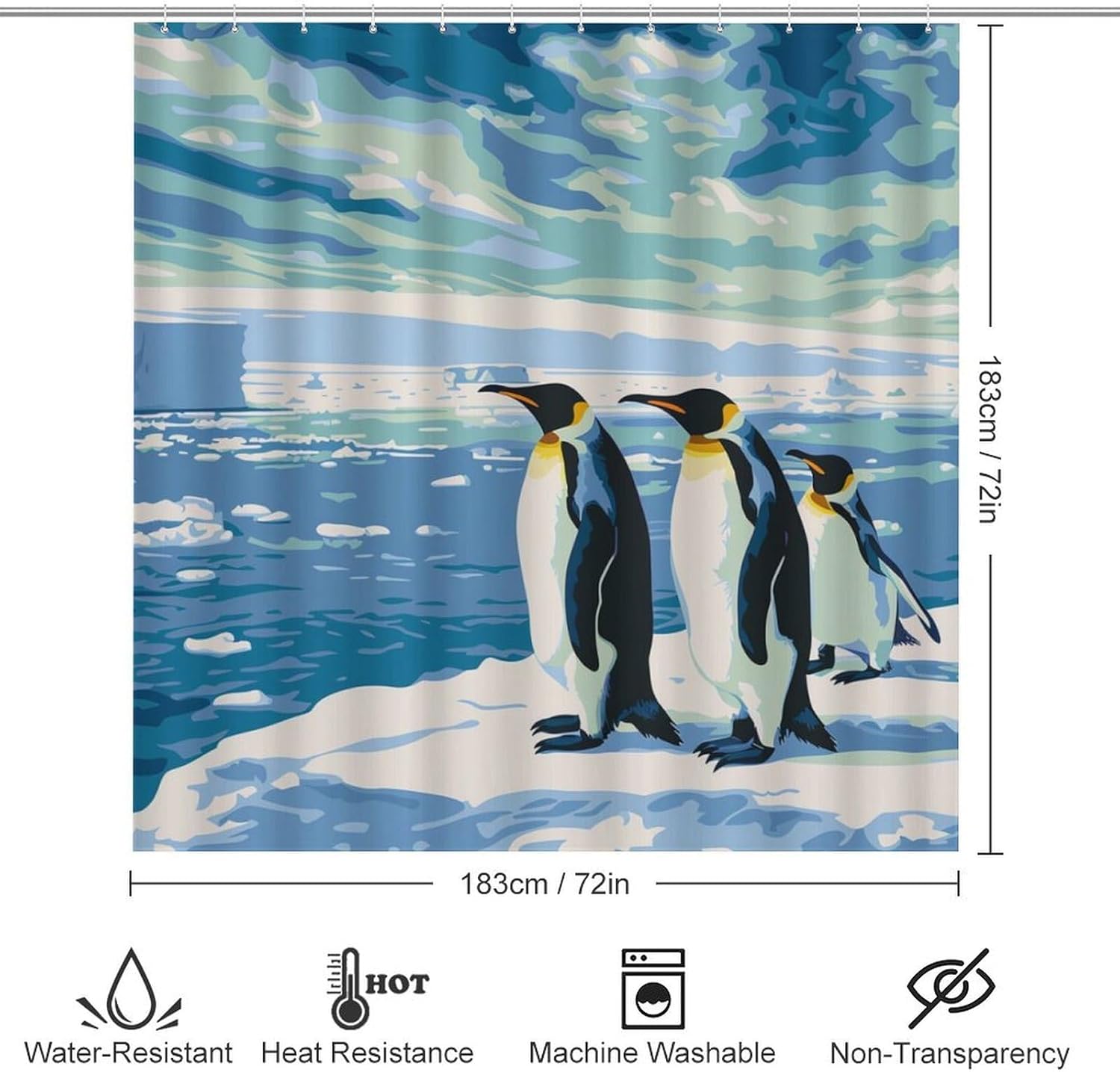 4Pcs Cute Penguin Shower Curtain Sets Bathroom Decor, Iceberg Ocean Animal Ice Sea Shower Curtain with Non Slip Rug, Toilet Lid Cover, Bath Mat and 12 Hooks 72W x 72L