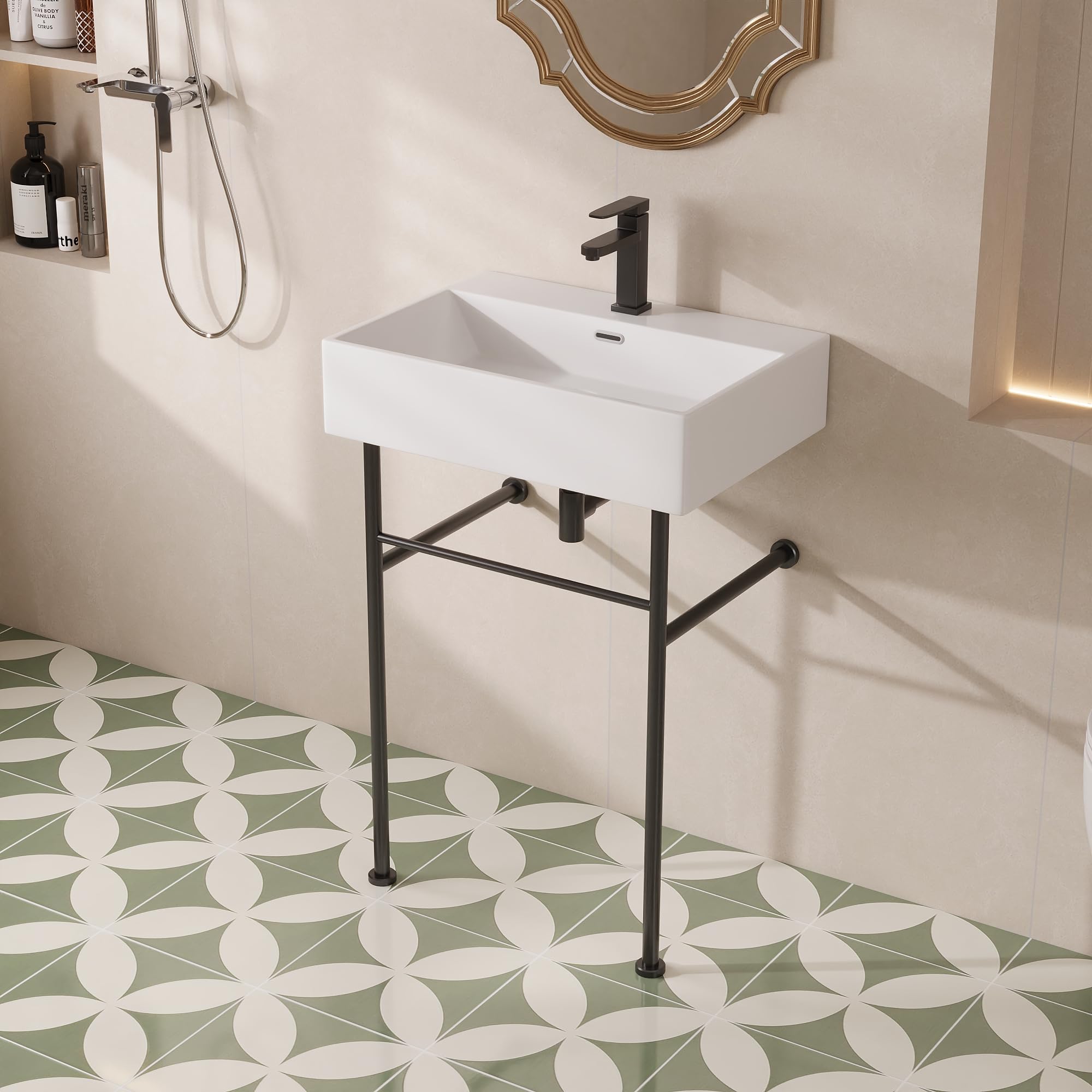 DeerValley 24"x17" Console Bathroom Sink, Free Standing 30 Inch Stainless Steel Support Pedestal Legs, Wall-Mounted White Ceramic Basin, Modern Rectangular Sink Porcelain, Matte Black