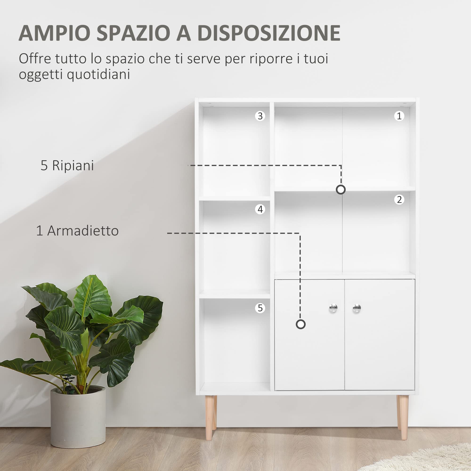 HOMCOM Libreria Scaffale Salvaspazio con 2 Porte 80x23.5x123cm Bianco | Design Moderno, da Salotto, Pannelli di Particelle