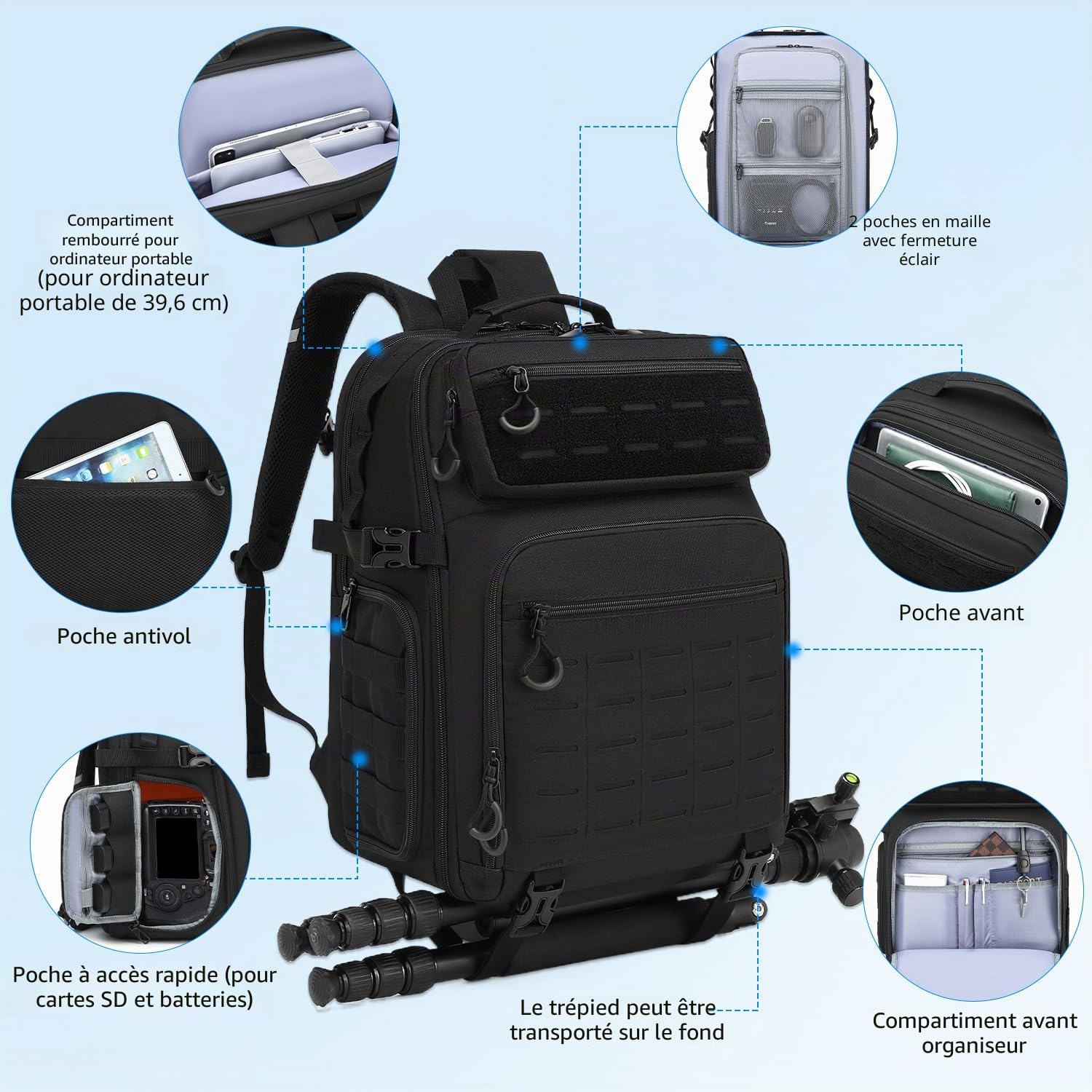 Sac à dos étanche pour appareil photo reflex numérique Canon Nikon Sony drone, objectif, ordinateur portable - Avec housse de pluie