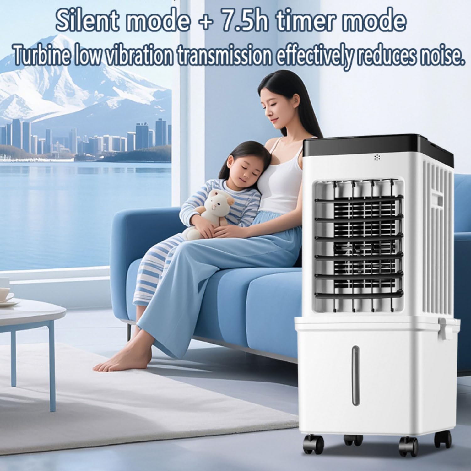 Condizionatore portatile umidificatore ventilatore raffreddante, serbatoio 15L, 3 modalità & velocità, oscillazione 90°, timer 7.5H, telecomando, raffrescatore evaporativo silenzioso casa ufficio