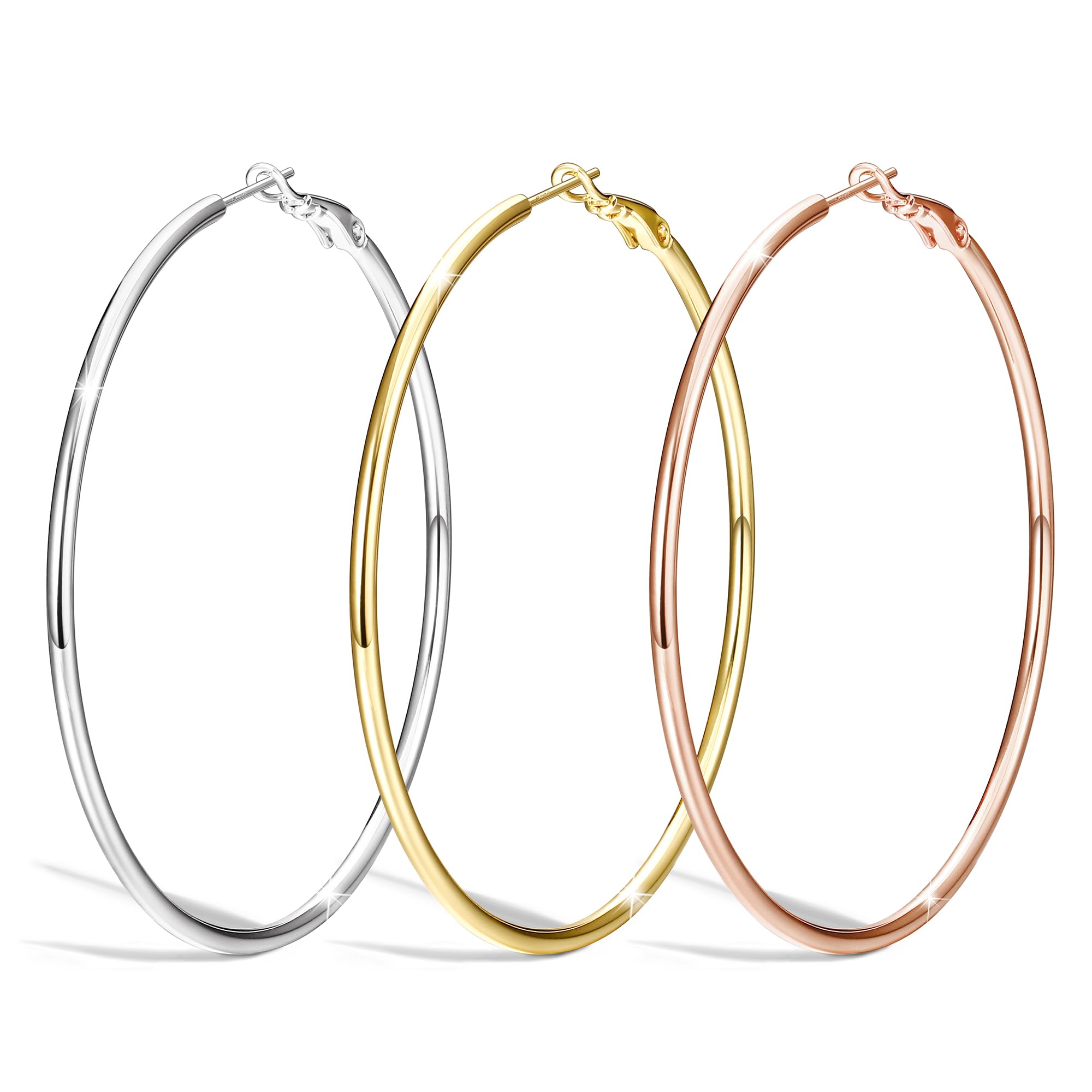 MILACOLATO 3Pares Pendientes Aro Grandes Para Mujer Con Poste de Oreja de Plata 925, Pendientes Colgantes de Aro de Plata Oro Rosa Chapado de 14 Quilates Hipoalergénicos Aros Grandes 50/60/70mm