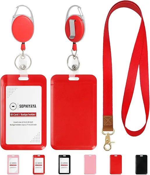 SOPHIYAYA Badge Holder and Retractable Reel with Lanyard, Hard Plastic Key Card Work Badge Sleeve for Office School Factory Teacher Women Men (Red, Vertical)