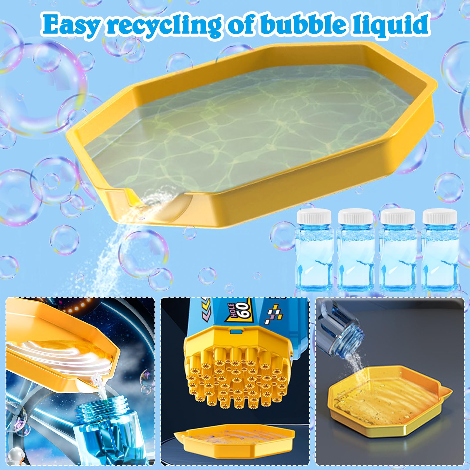 GMUFTIR Pistola de Burbujas, 2 Piezas Máquina Automática Pompas de Jabón, con 4 Botellas de solución, 10 Packs Solución de Recarga de Burbujas, para Niños, Adultos, Juguete de Verano — view 6