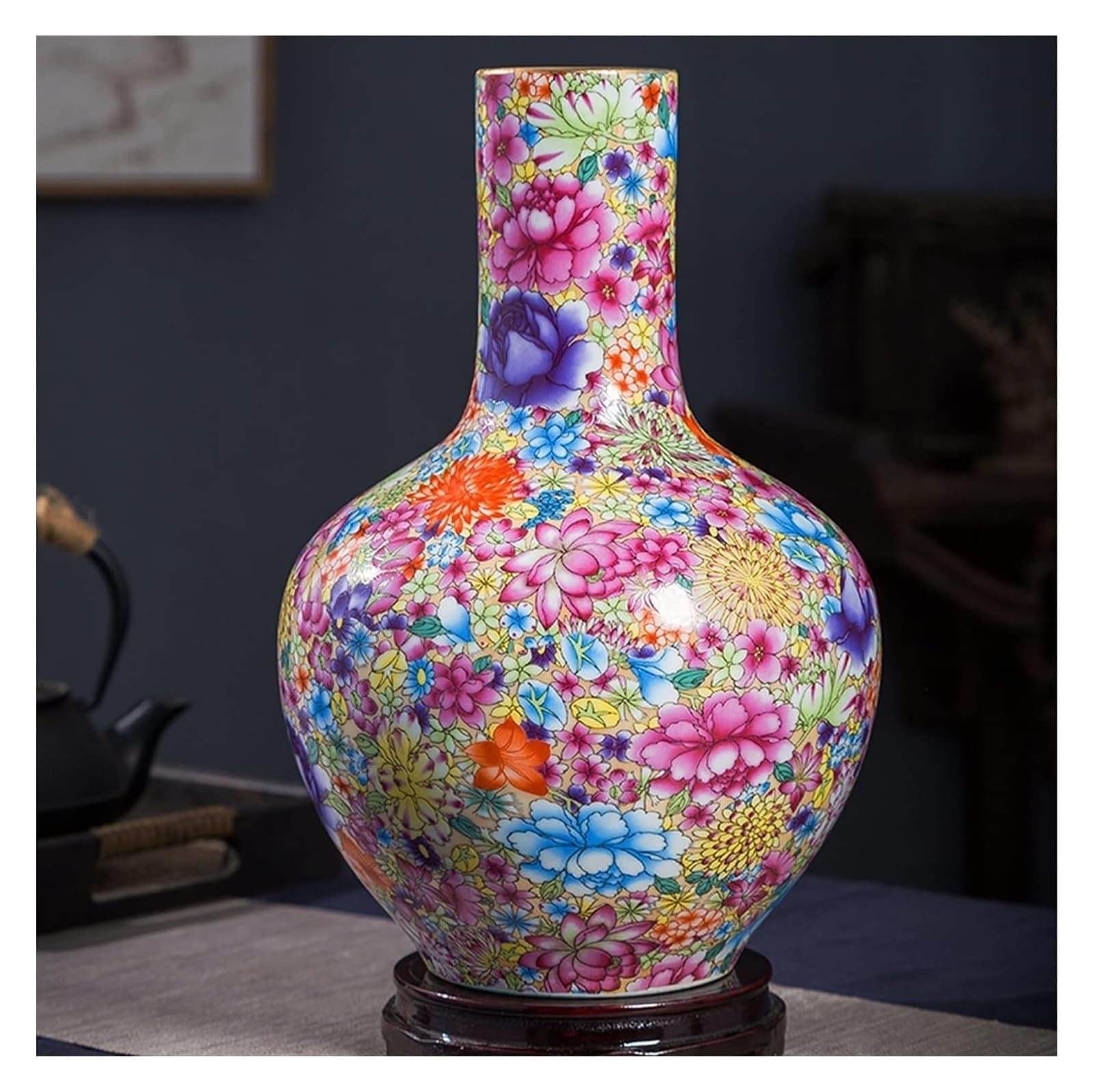 Vase Desktop Ceramics Enamel Temple Jar Chinese Living Room Decorations Flower Arrangement Hallway Antique Decorative(Celestial Globe Vase)