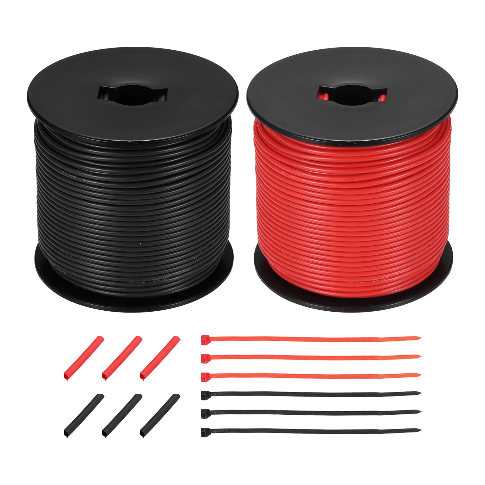 sourcing map 2pcs 18 AWG Silicone Electrical Wire Spool, 18 Gauge 76.2m/250ft Tinned Copper Electrical Wires with Heat Shrink Tubing & Cable Ties for Automotive, RV Inverter - Red & Black