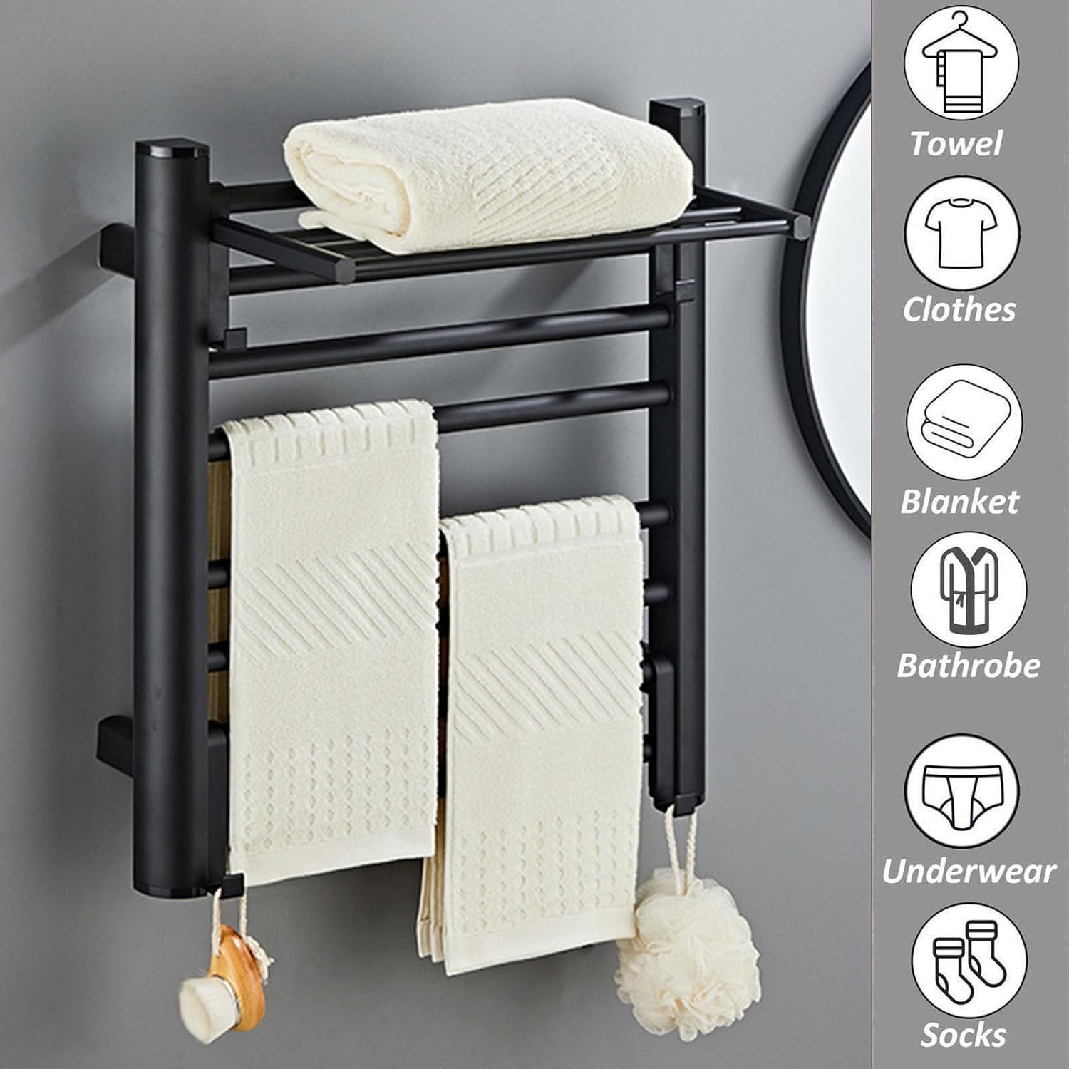 Wall Mounted Black Towel Heater Rack - Aluminum Drying Rack with Top Shelf for Bathroom Spa & Hotel - Efficient Heated Towel Warmer Left Wire Design
