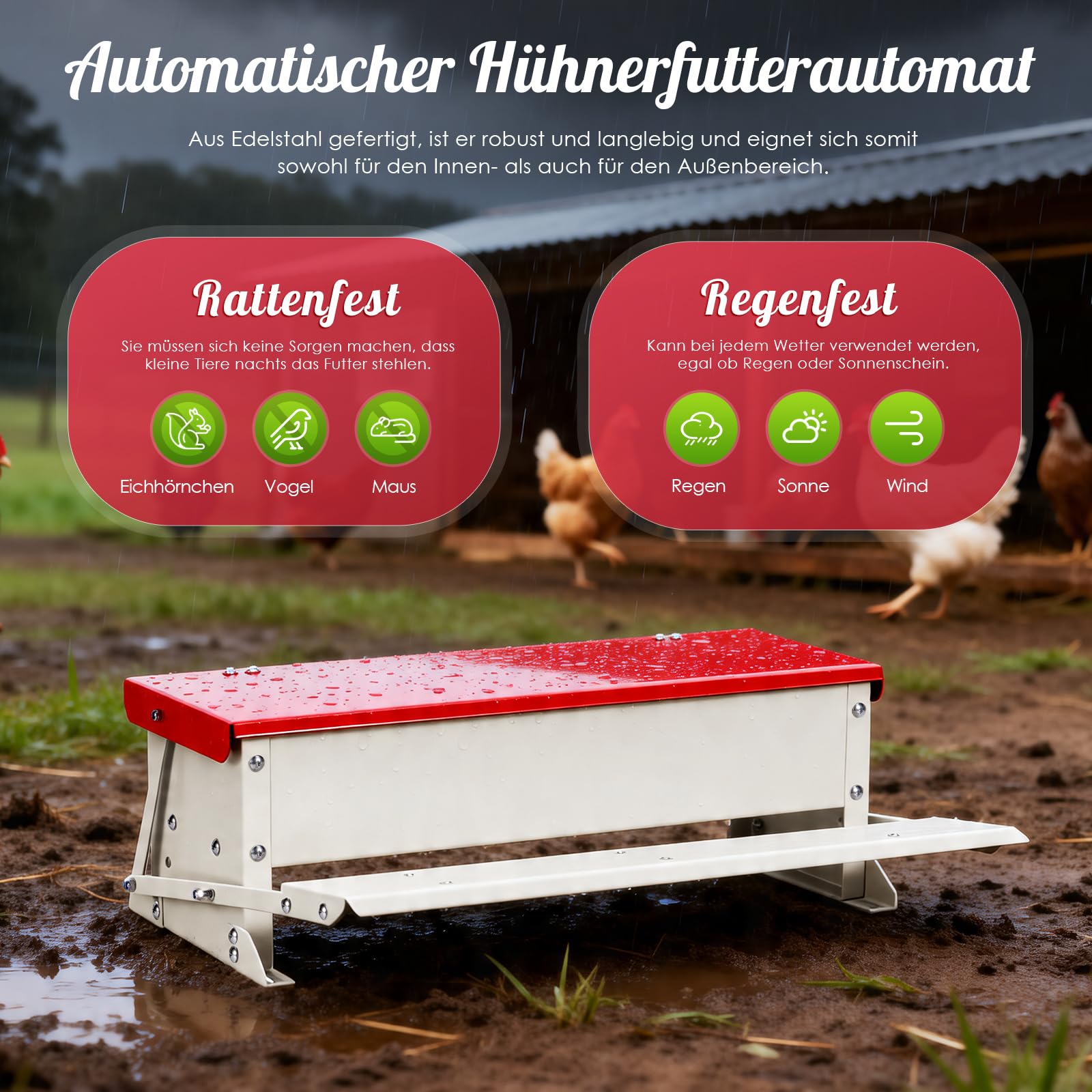 Futterautomat für Hühner (5 kg Volumen), Verzinkter Stahl, Trittmechanismus mit Trittplatte, Wasserdichter Deckel, Rattensicherer Futterspender für Geflügel wie Hühner, Enten, Gänse