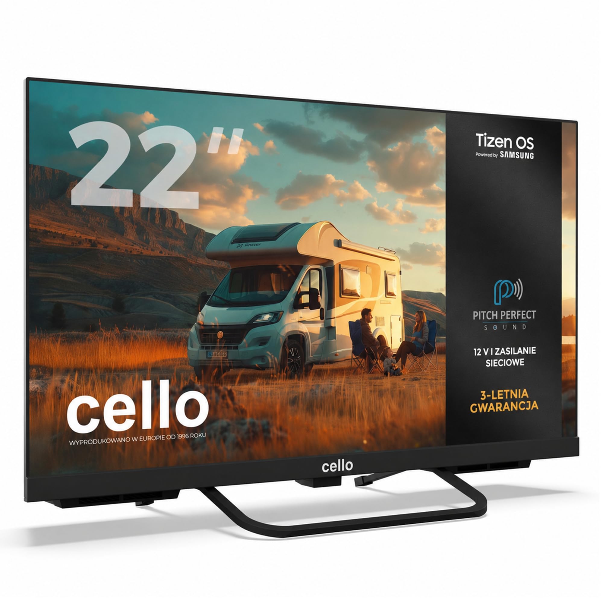 Cello CTRAV-22TZ 22-calowy Smart TV 12V dla podróżnych z systemem Tizen OS od Samsung, odbiór satelitarny, Gaming Hub, głośniki Pitch Perfect, Bluetooth, idealny do kamperów i łodzi, potrójny tuner
