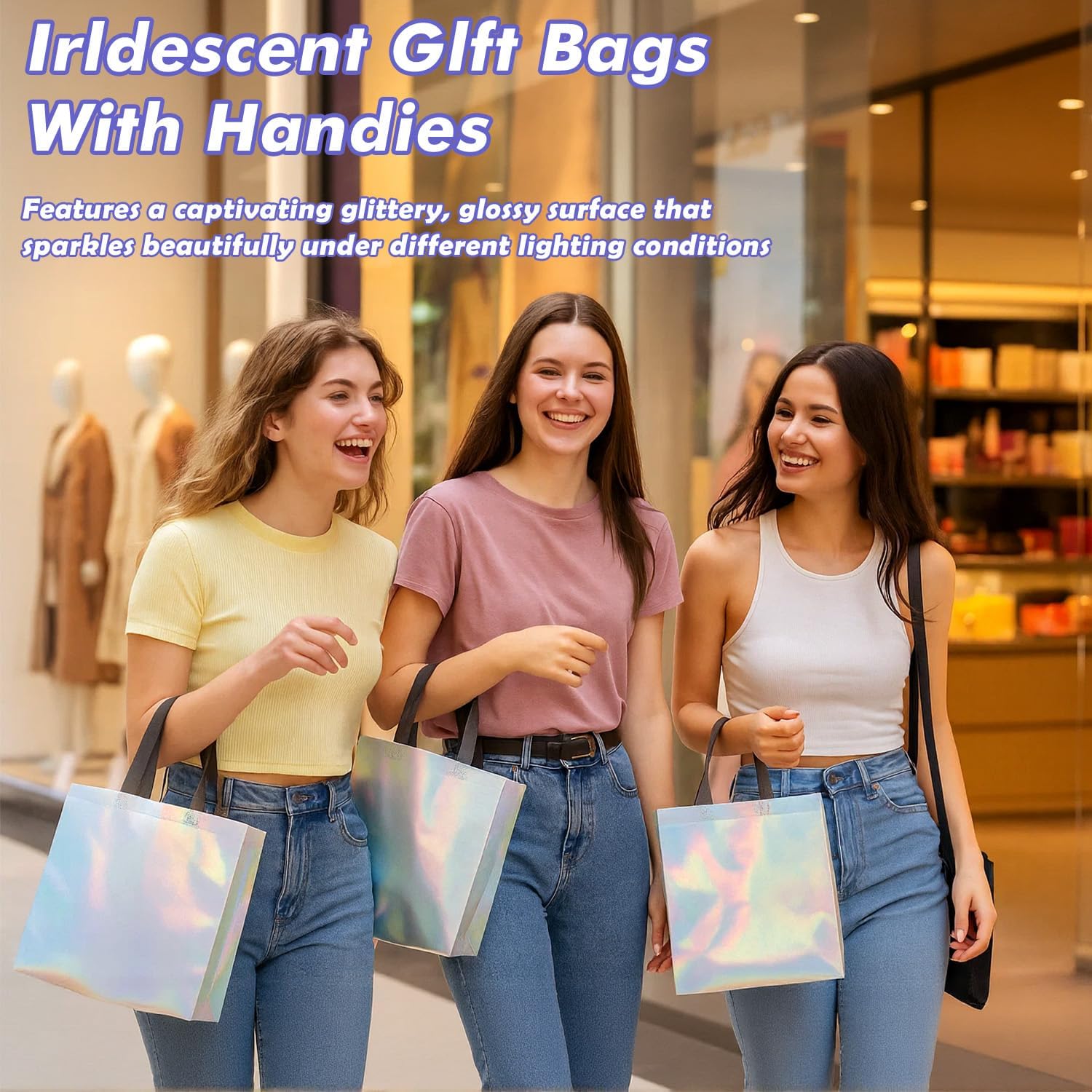60-pack Iridescent Reusable Gift Bags with Handles 12.6 x 10.6 x 3.9 in Non Woven Shopping Grocery Bags Holographic Goodie Tote Bag for Party, Holiday, Birthday, Wedding, Bachelorette - Image 4