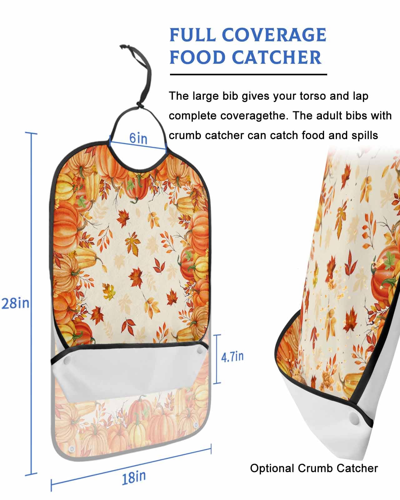 LEOKOTI Orange Yellow Fall Adult Bibs for Eating, Waterproof Bibs with Food Catcher & Snap Closure, Pumpkins Harvest Botanical Thanksgiving Washable Clothing Protectors Adult Bibs for Elderly
