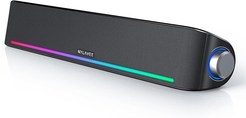 Nylavee parlantes para computadora de escritorio, barra de sonido para PC con Bluetooth y AUX | Sonido Hi-Fi, alimentación USB con 4 modos de iluminación dinámica para PC de escritorio, portátiles y monitores