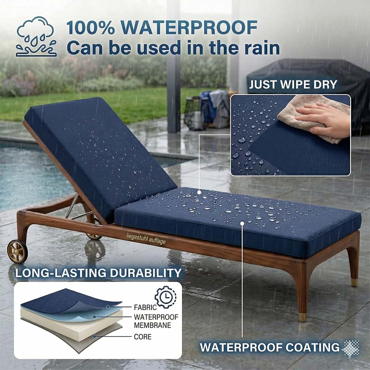 Cuscino impermeabile da giardino, tappetino in schiuma spessa ad alta densità, base antiscivolo e 6 strati, manico portatile, cuscino da esterno, verde militare, 178 x 59 x 10 cm