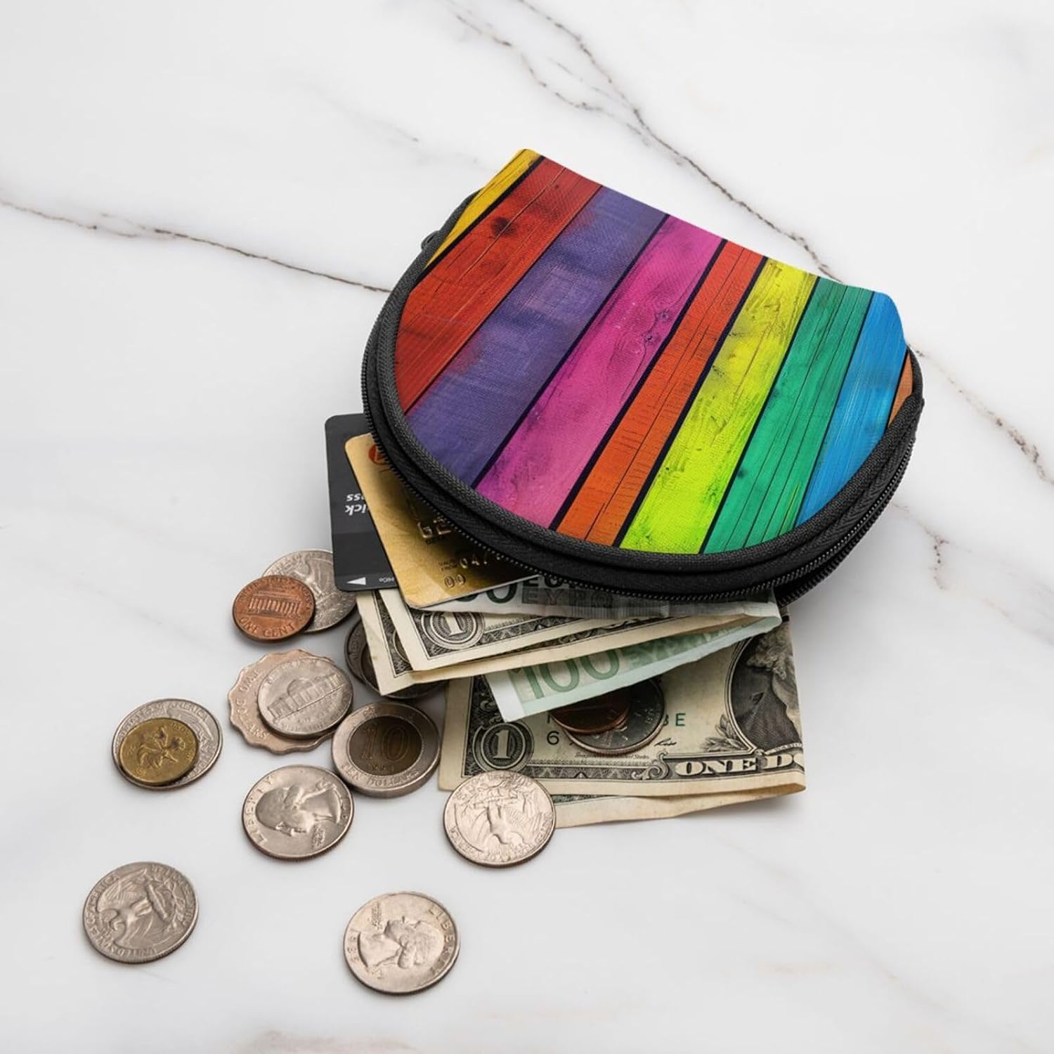 Colored Wood Background Printed Coin Purse for Women Cute Small Change Wallet Mini Coin Purses Pouch with Zipper