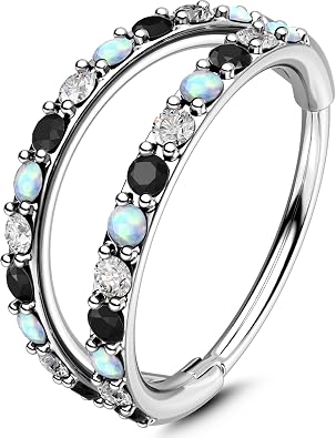 OUFER Body Piercing Nose Ring Hoops 20G Nose Piercing Jewellery 6/7/8mm Nostril Conch Hoop Double Line CZ Opal Helix Tragus Daith Snug Rook Cartilage Earrings Ring