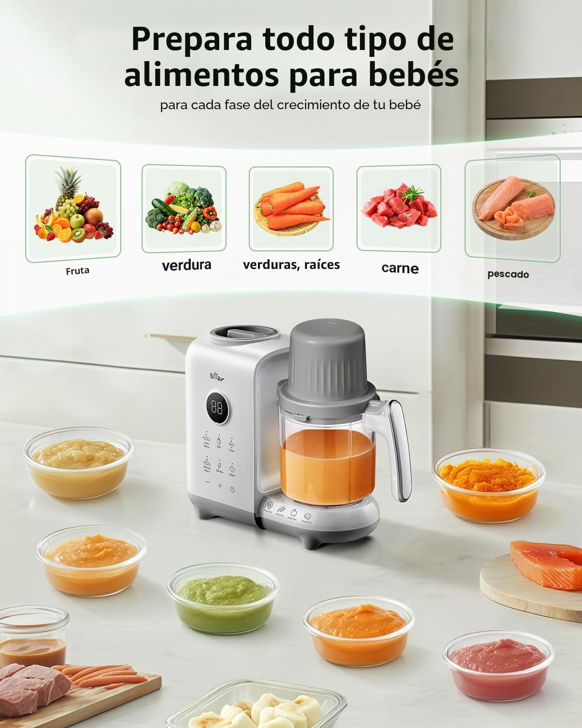 Bear Vaporera 6 en 1 con batidora premium para alimentos para bebés, vapor, agitación automática, calentamiento de leche, desinfección, función de autolimpieza, función de limpieza automática (Blanco)