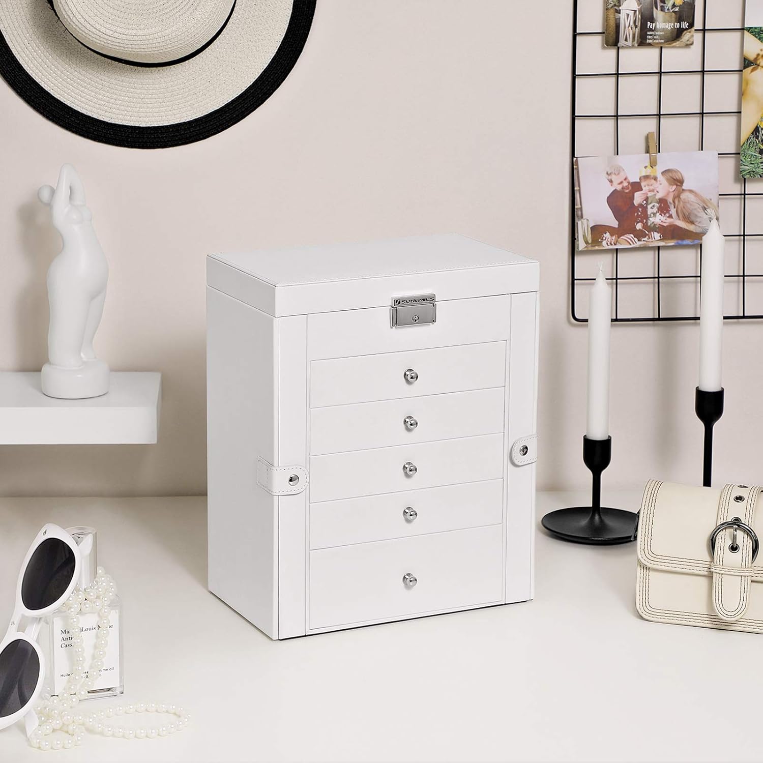 SONGMICS 6 Tier Jewelry Box with Drawers, Mirror and Lock, Storage Organizer for Bracelets Earrings Rings Necklaces Watches, Gift, White UJBC152W01 : Clothing, Shoes & Jewelry