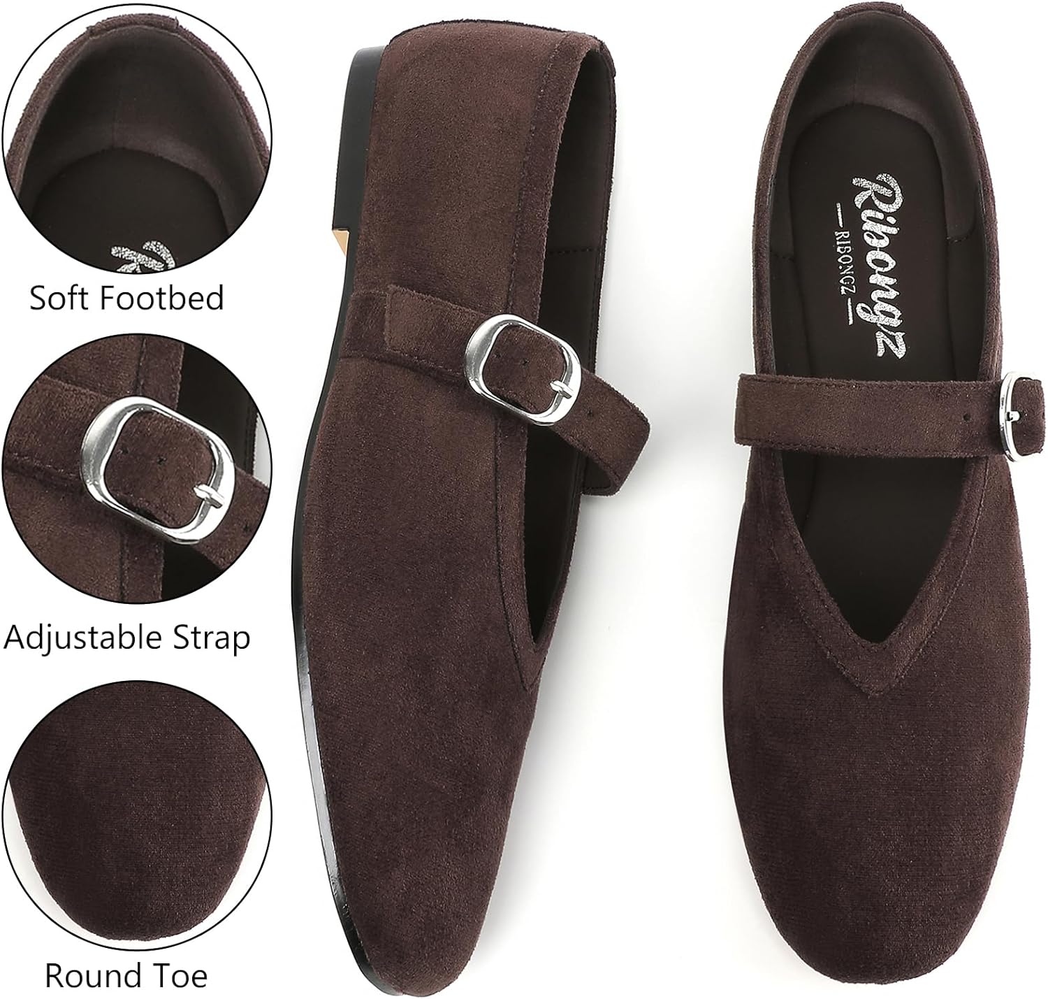 RIBONGZ Women's Flats Foldable Ballet Mary Jane Round Toe Dress Shoes with Ankle Strap Buckle Comfortable Slip On Leather Flat Girls Ballerina Shoes for Office Work Party Walking Casual - Image 4