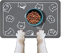 YCT Super Absorbent Non-Slip Cat Food Mat for Dogs & Cats - 18.1x11.8in Dark Grey with Cute Cat Heads Logo