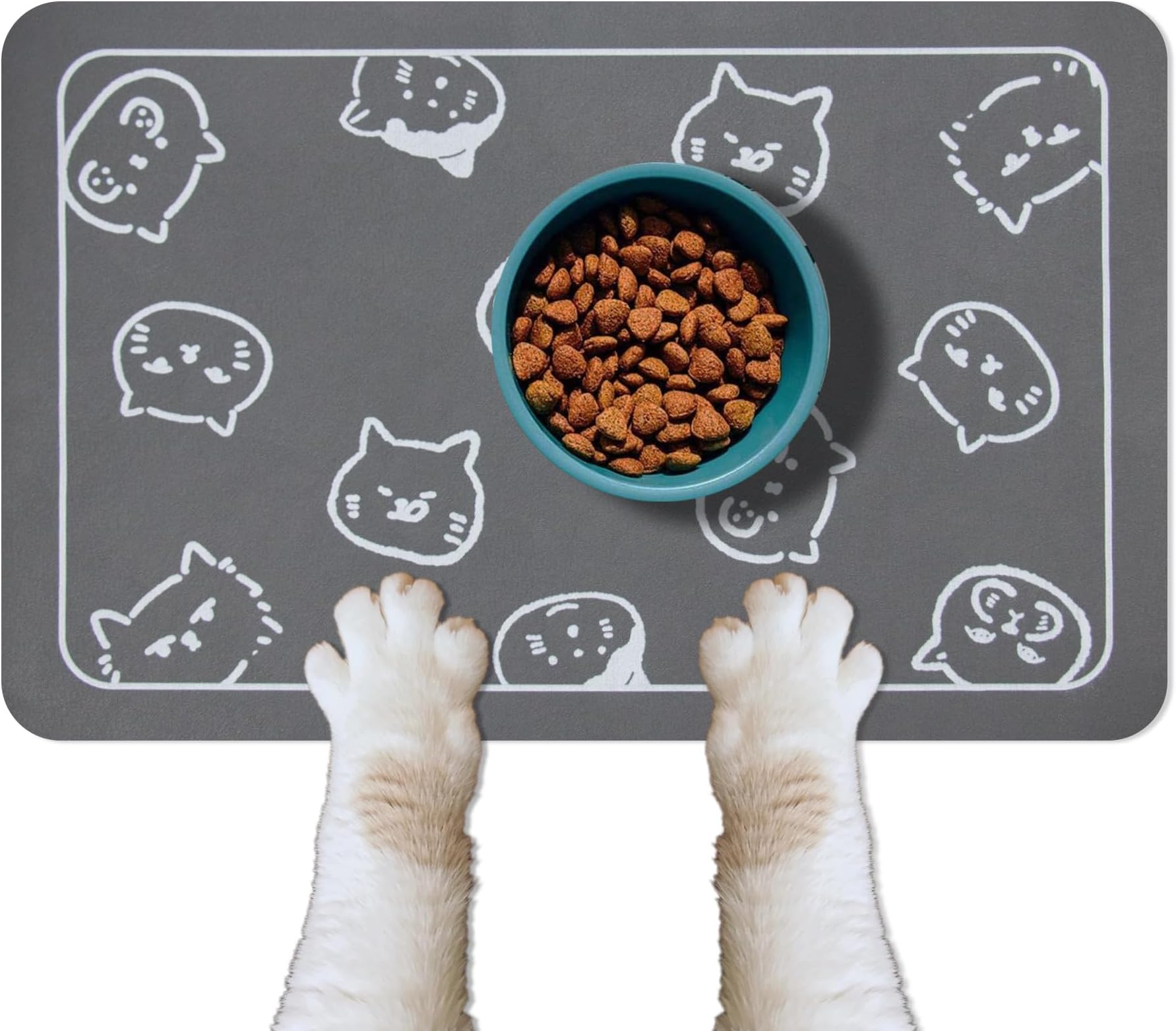 YCT Cat Food Mat for Pet Dog Feeting Mats, Cat Mat for Food and Water, Non-Slip Super Absorbent, with Multiple cat Heads Logo๏ผ18.1 x 11.8 inches, Dark Grey