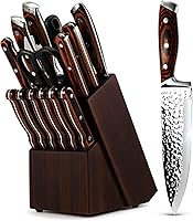 Vvwgkpk 15-Piece Kitchen Knife Set with Wooden Block, High-Carbon Japanese Stainless Steel, Hammered Blades, Self-Sharpening, Steak Knives Included