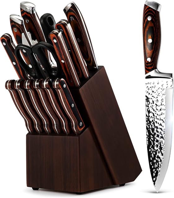 Ensemble de couteaux de cuisine,15-Piece Set de couteau avec bloc en bois,Aiguillage automatique pour chef ensemble de couteau,High Carbon Japan acier inoxydable Hammered Collection Set de couteaux avec steak Couteaux, ensembles de couteaux en boîte