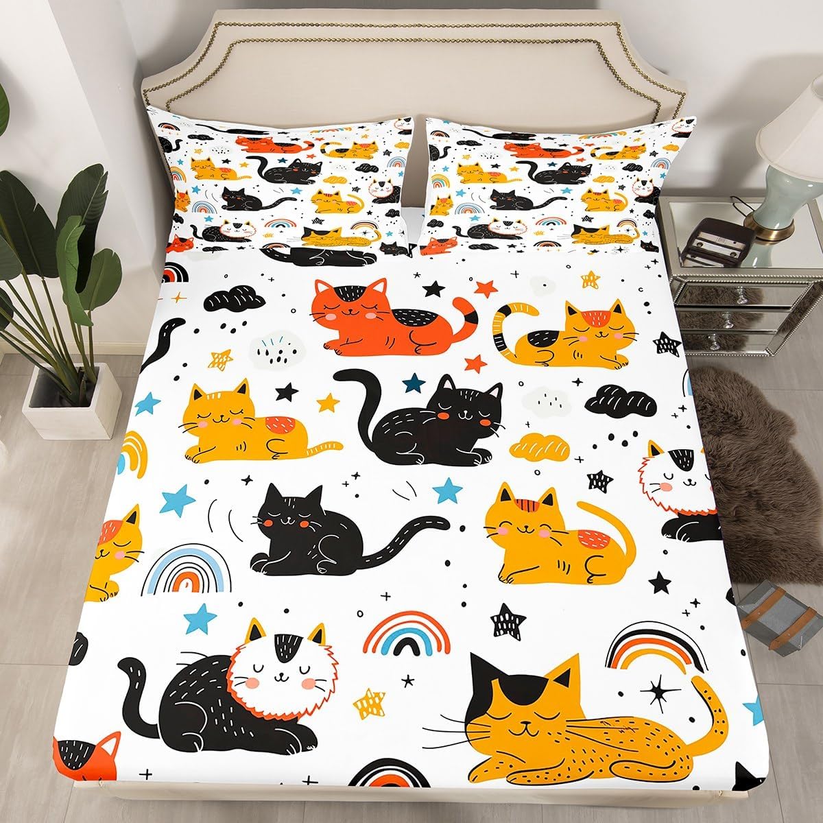 Abstract Cute Cat Fitted Sheet Full Size Funny Cartoon Animal Bedding Set for Kids Boys Girls Teens Rainbow Star Clouds Bed Sheet Set Watercolor Kawaii Cats Bed Cover Room Decor,No Top Sheet