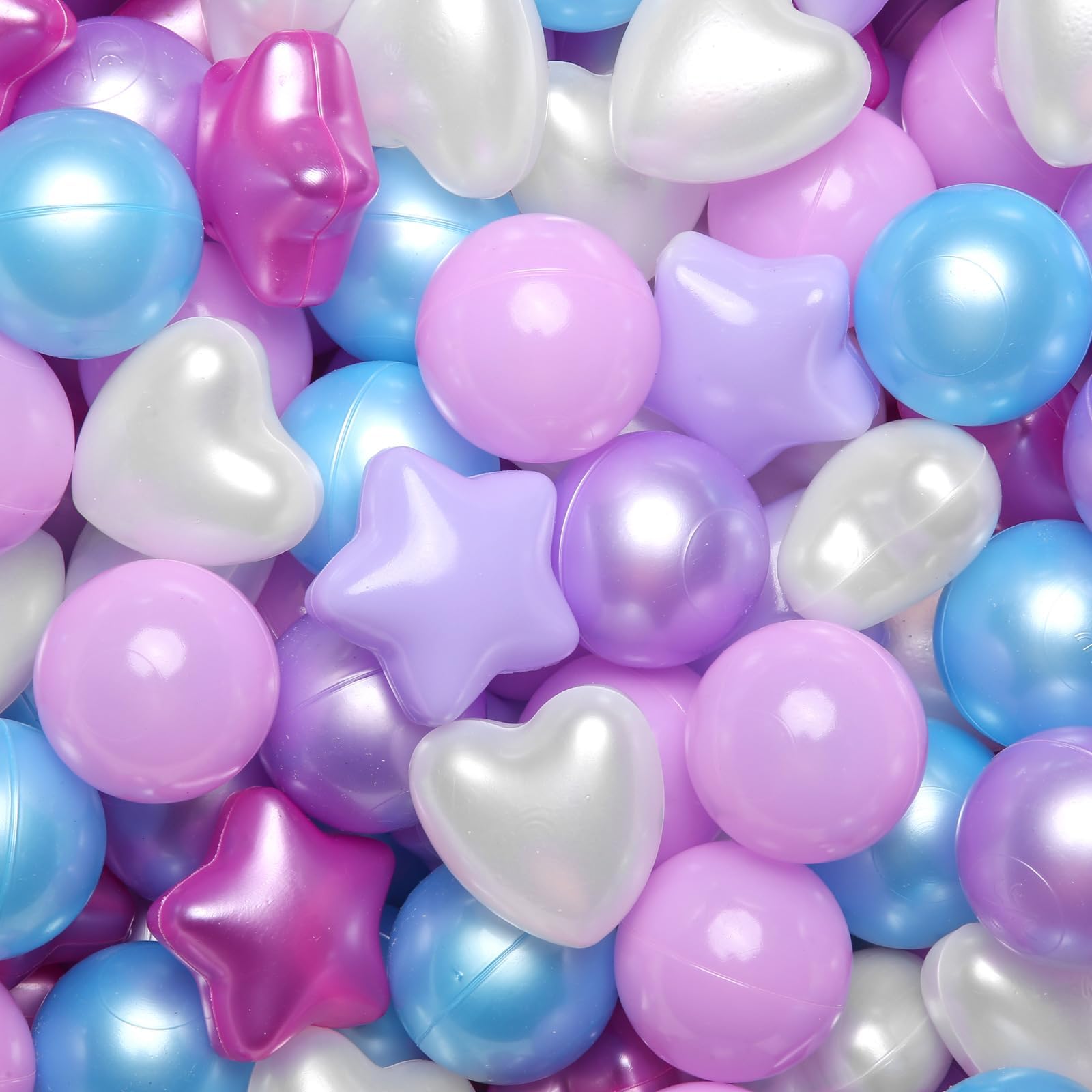 Photo 1 of GOGOSO Ball Pit Balls,Plastics Balls for Ball Pit, Stars Hearts Shape for PastelBall for Toddlers Kids Pearl Pink+Blue+Purple+White,200pcs