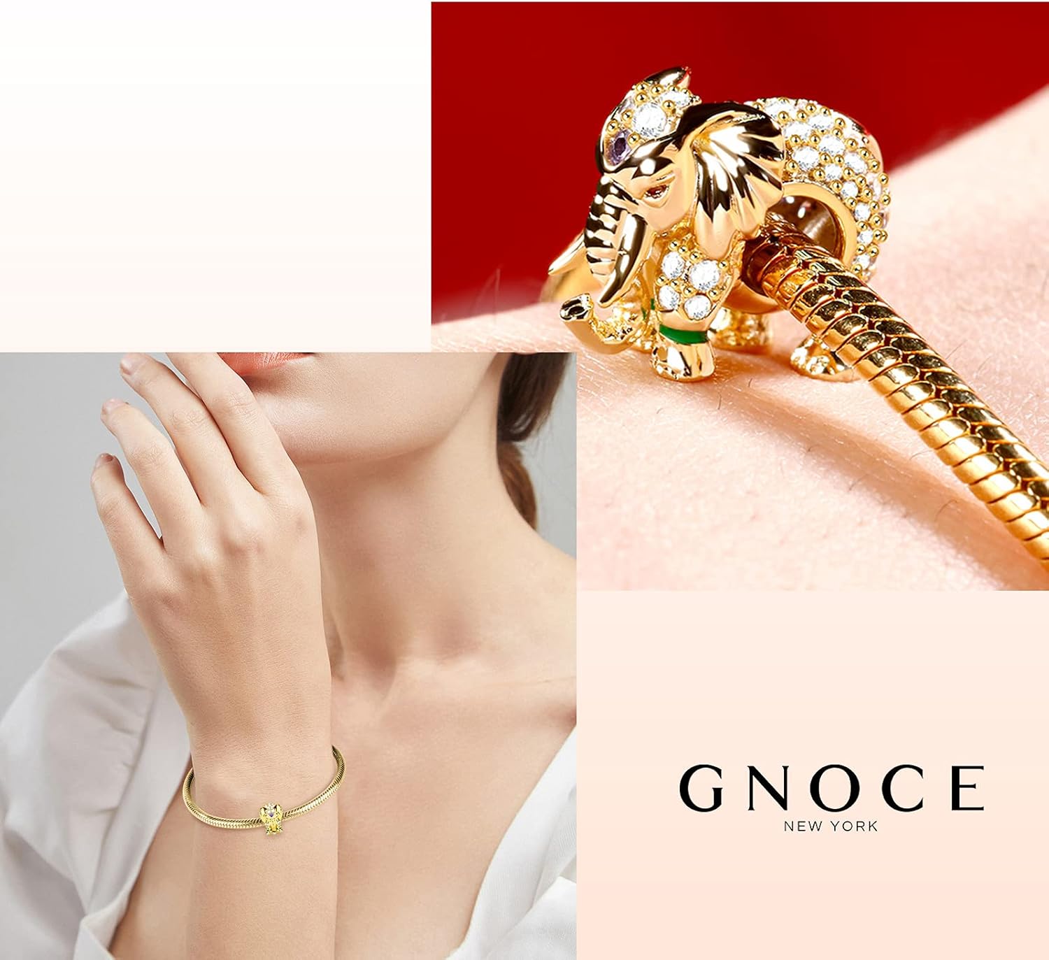 GNOCE "Lucky Elephant Thai Elephant Charm 18K Gold Plated With Cz Colorful Opal Rhinestone Plating Colorful Enamel Animal Bead 925 Sterling Silver Pendant Fit For All Bracelet For Women