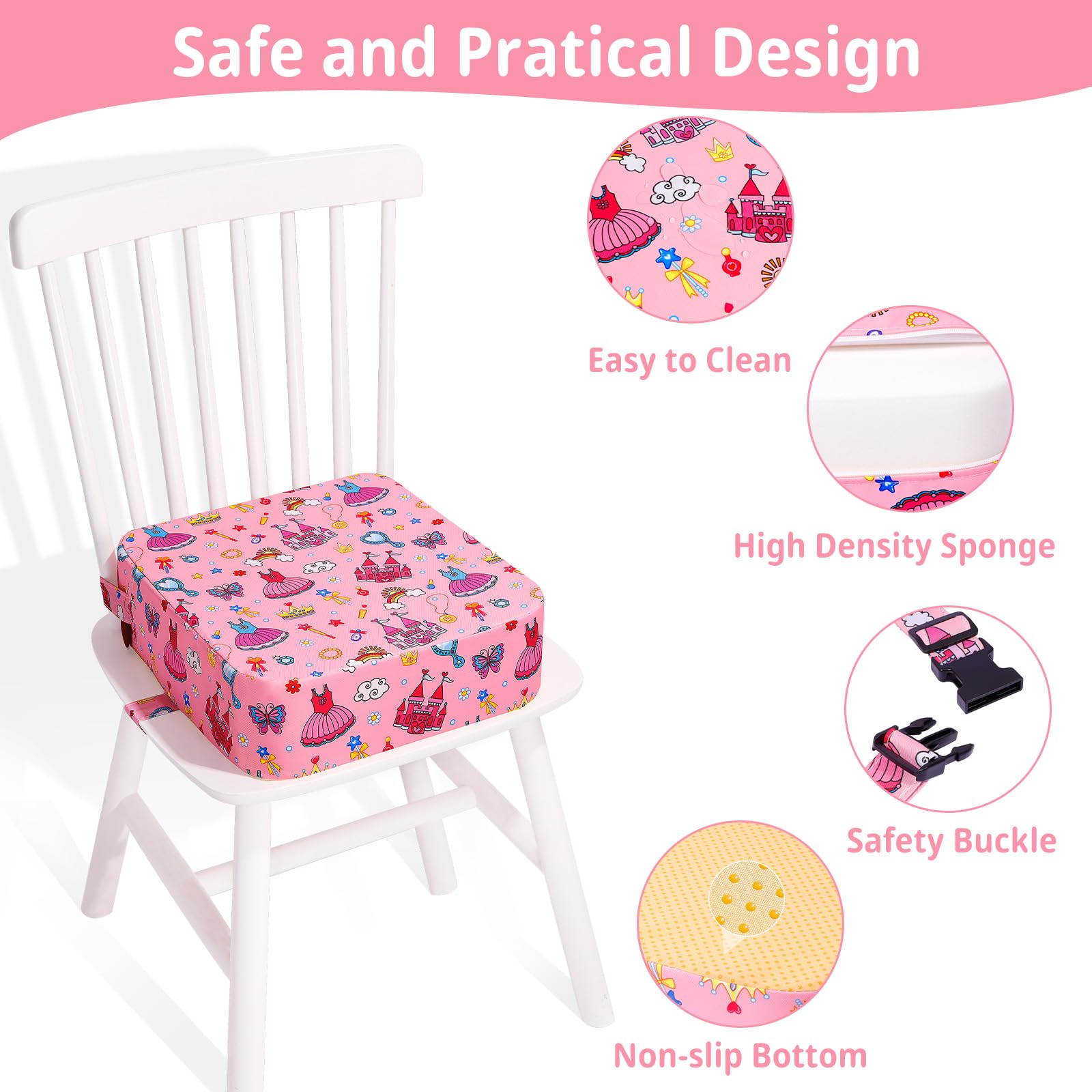 Rialzo Sedia Bambini Da Tavolo Riduttore Portatile Alzasedia Per Bambini Alzatina Sedia Cuscino con 2 Cinture Di Sicurezza(Principessa Rosa)