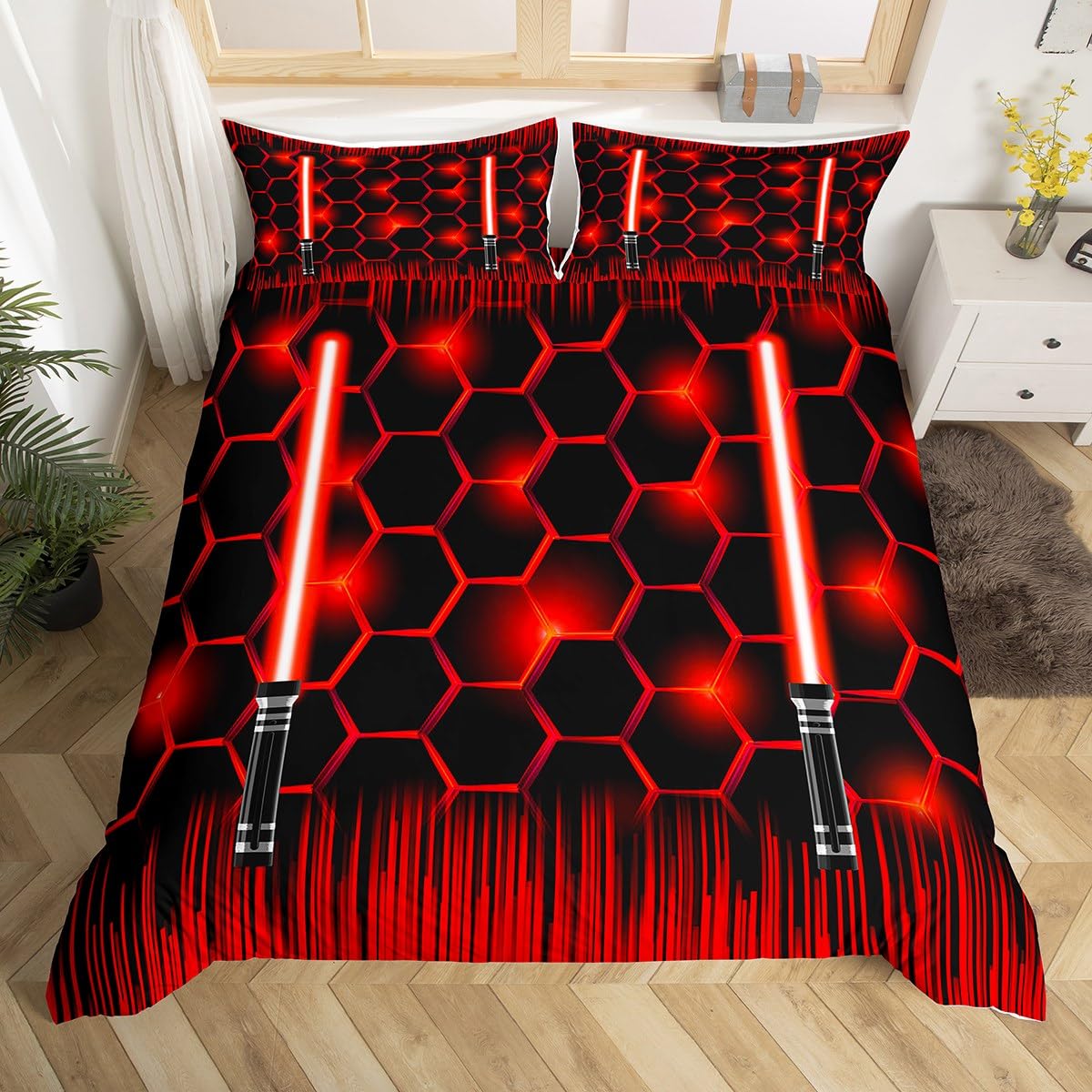 LoussiesdLightsaber Bedding Set Kids Red Honeycomb Comforter Cover Set for Boys Teens Lightsaber Grommet Duvet Cover Future Technology Bedspread Cover Decor Quilt Cover King