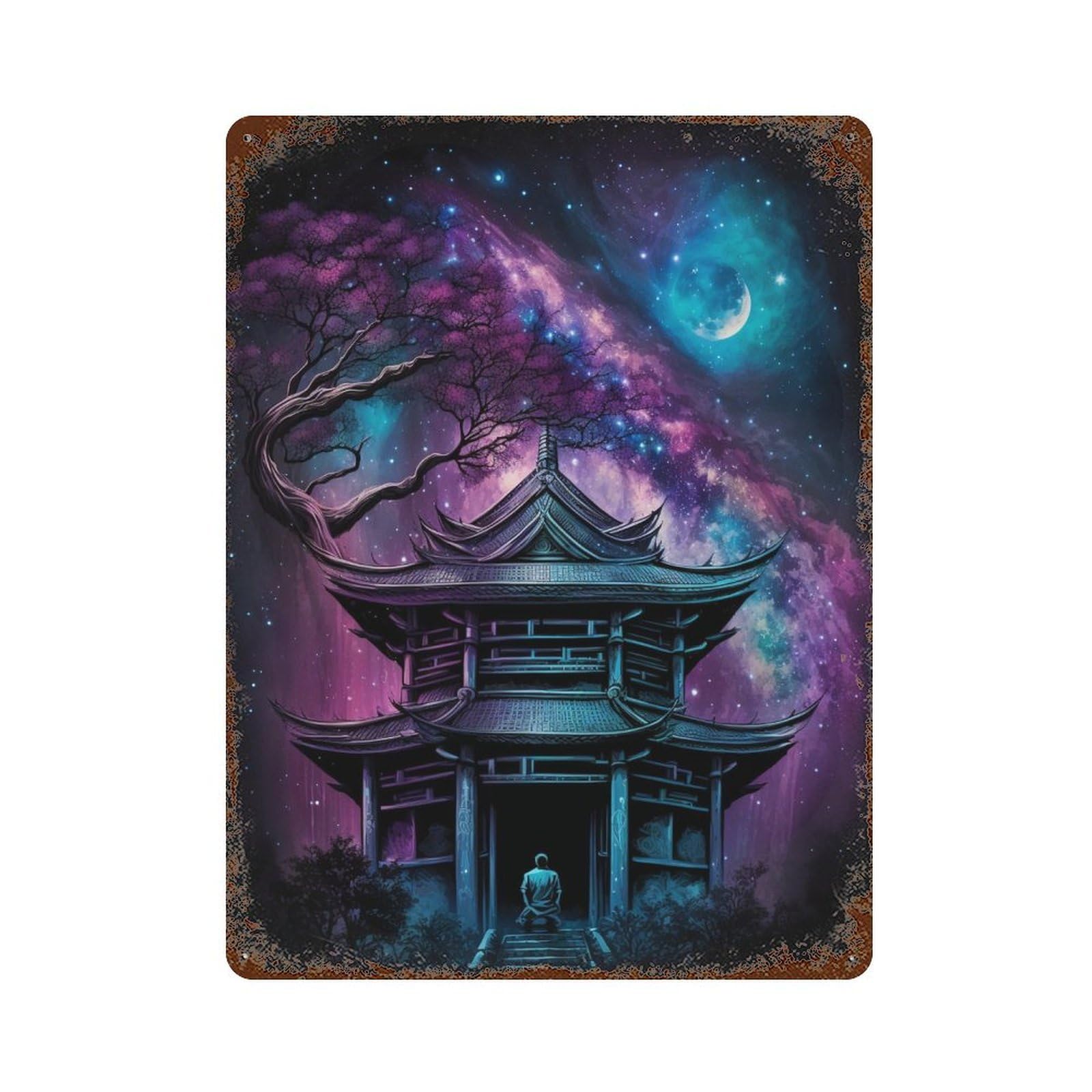 Serene Pagoda Under Celestial Sky 15.7"x11.8" Decorative Tin Sign, Retro Wall Decor for Bistro, Counter And Cafe Decor
