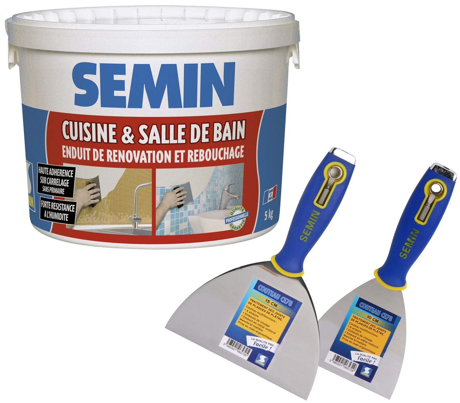 Semin - Enduit de Rebouchage et Rénovation - Spécial Cuisine et Salle de Bains - Seau de 5 kg, Couteau à Enduire Multifonctions - 10 cm et Couteau à Enduire - 15 cm
