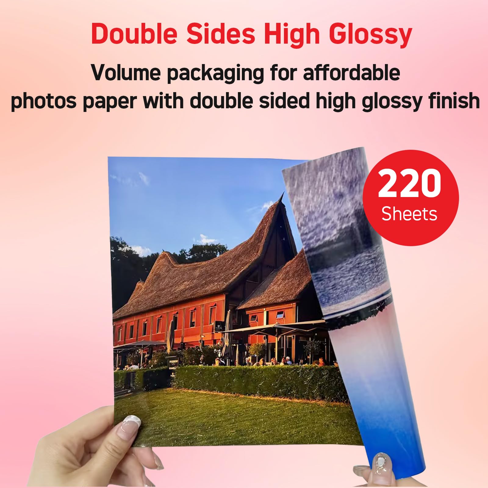 El papel fotográfico de doble cara de alto brillo mide 8.5 x 11 pulgadas, 200 g/m², consta de 220 hojas, adecuado para impresoras de inyección de tinta y tintas a base de tinte de 50 libras