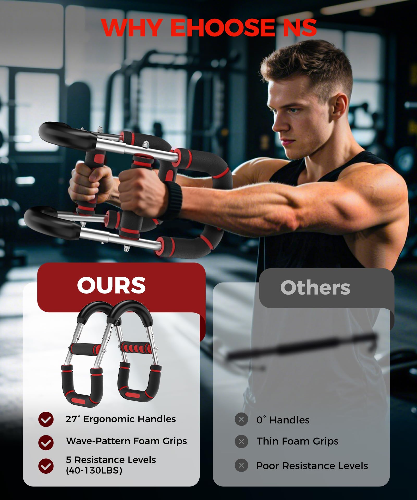 Twister Arm Trainer, Adjustable 5 Resistance Levels (40-130 lbs) Chest & Arm Workout Equipment for Men & Women, Ergonomic Home Gym Strength Trainer with Anti-Slip Handles & Carry Bag