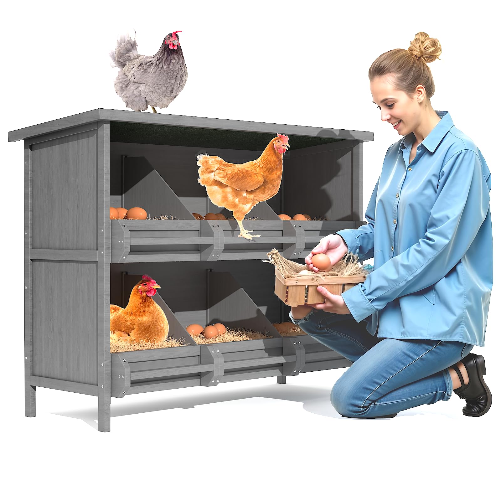 TRYKERPET 2-Tier Nesting Boxes for Chickens, 6-Compartment, Wooden Chicken Nesting Box for Laying Eggs, Chicken Laying Boxes with Perch, Solid Wood