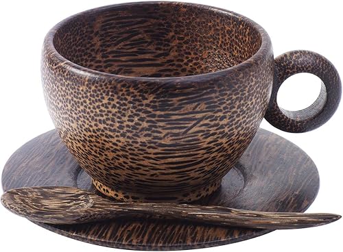 Miniatura 9 de Goodtime Taza de café de madera, 2 piezas de madera de coco natural con cucharas de acacia sólidas, tazas para café, té rústico, escritorio de tazas
