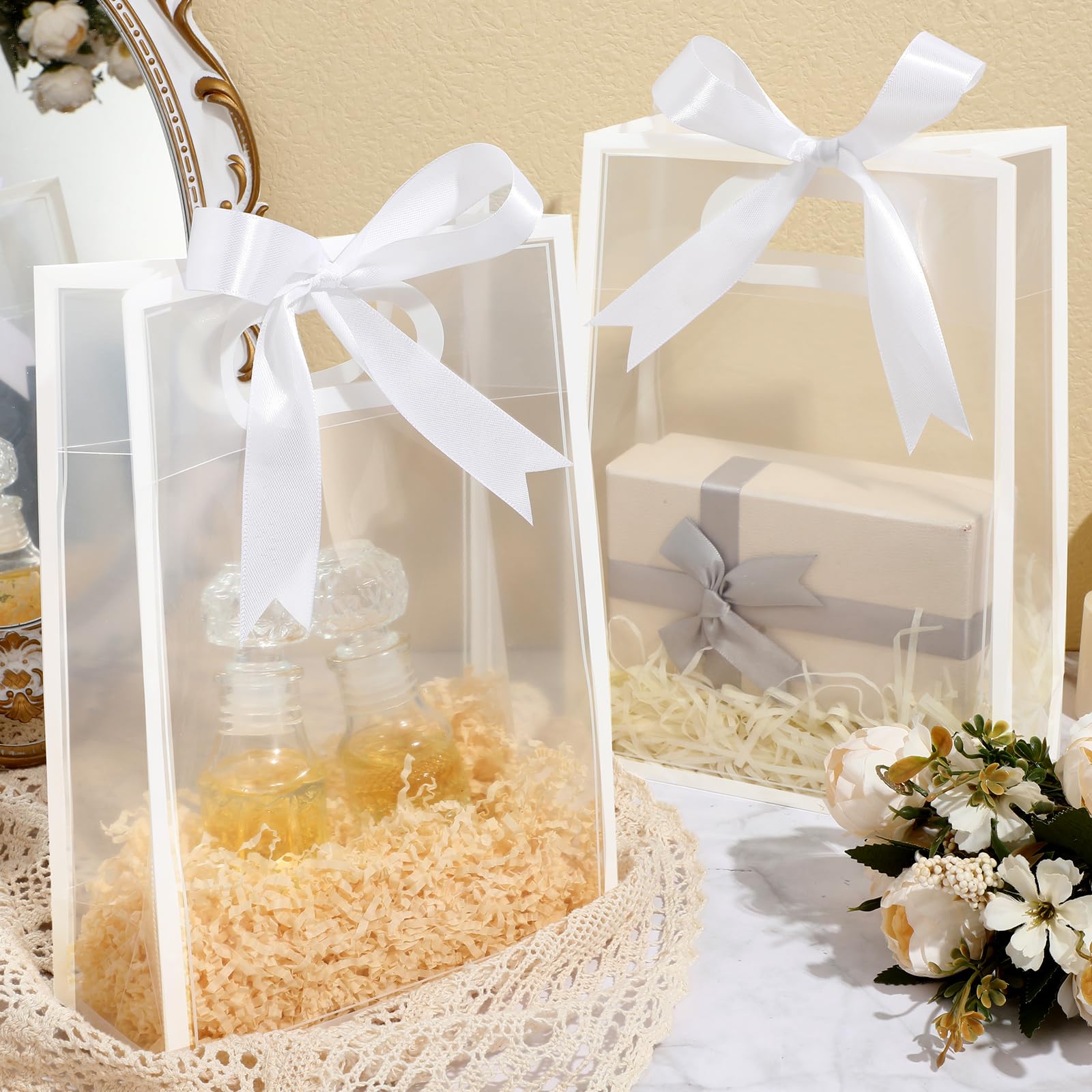 Aliceset Clear Plastic Gift Bag with Die Cut Handle Reusable PP Favor Bag with Ribbon for Graduation Wedding Bridal Birthday Baby Shower Party Small Business,10x7x3.15in(White,12 Pcs)