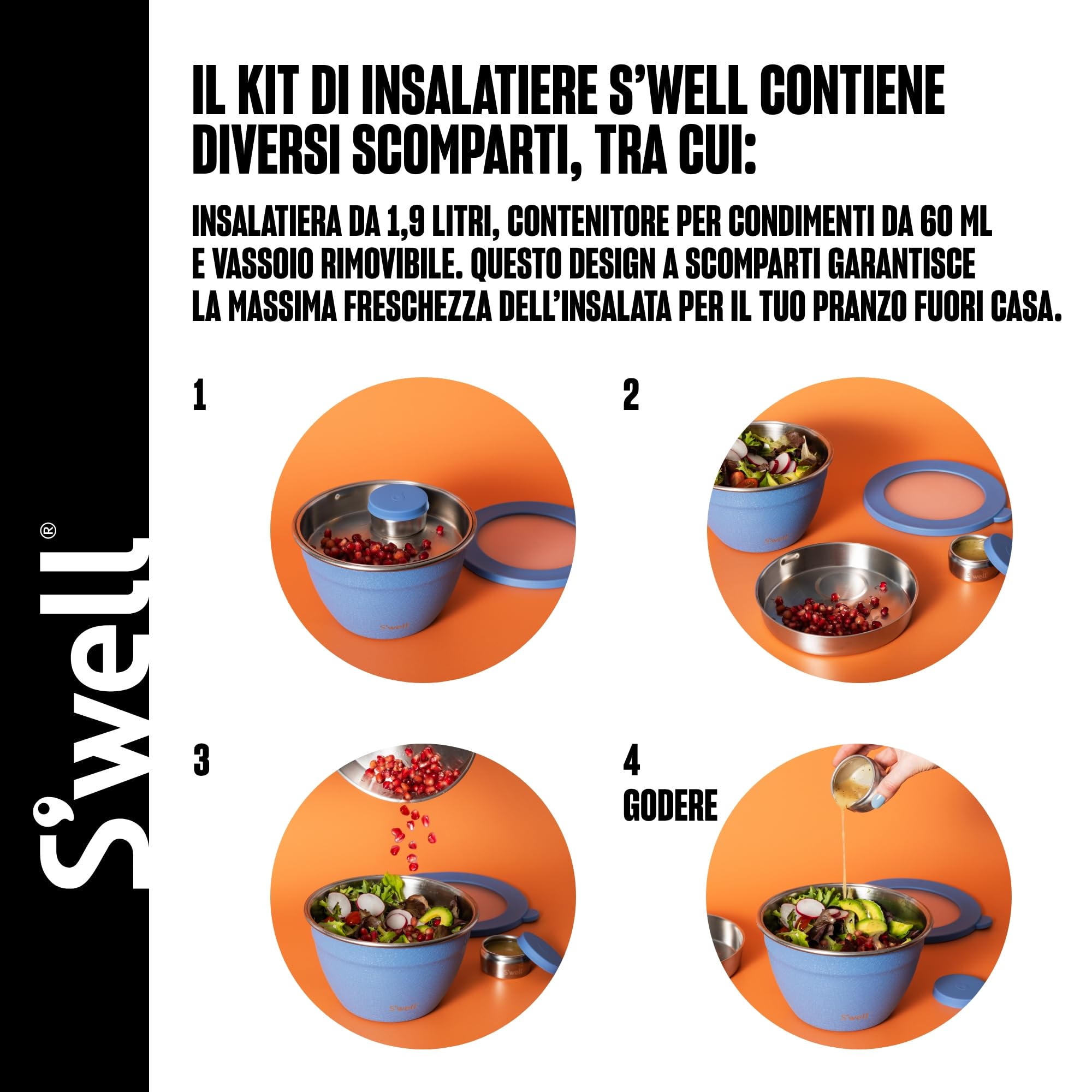 S'well - Kit insalatiera in acciaio inox, 1,9 litri, motivo Desert Sky, viene fornito con contenitore per condimenti da 60 ml e vassoio rimovibile per l'organizzazione
