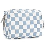 Narwey Small Checkered Makeup Bag for Purse Mini Cosmetic Bag Travel Makeup Pouch Zipper Pouch Cute Make up Bags with Compartments for Women Girls(Small,Sky Blue Checkerboard)