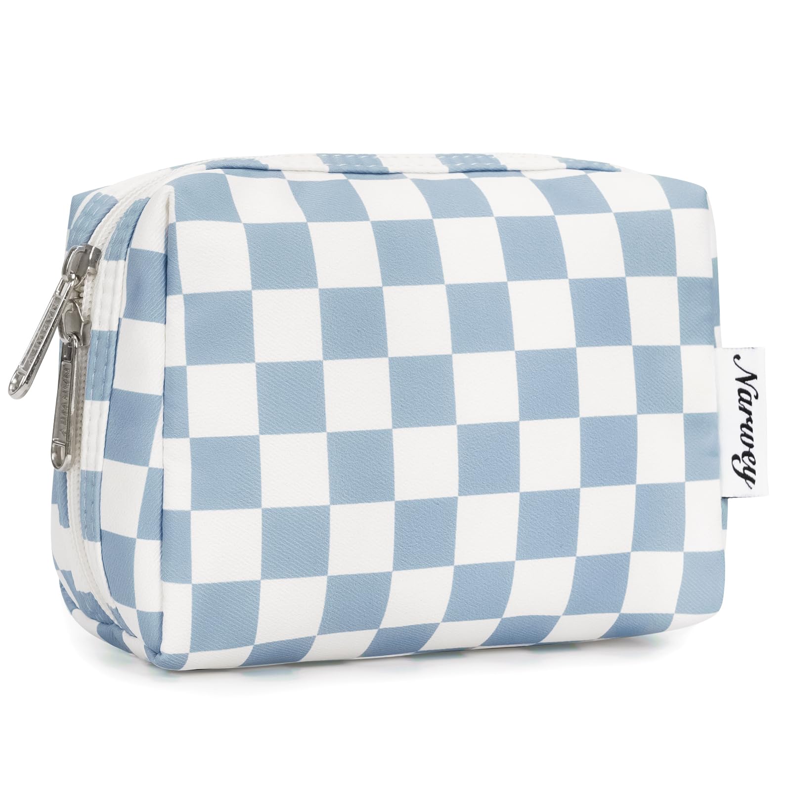 Narwey Small Checkered Makeup Bag for Purse Mini Cosmetic Bag Travel Makeup Pouch Zipper Pouch Cute Make up Bags with Compartments for Women Girls(Small,Sky Blue Checkerboard)