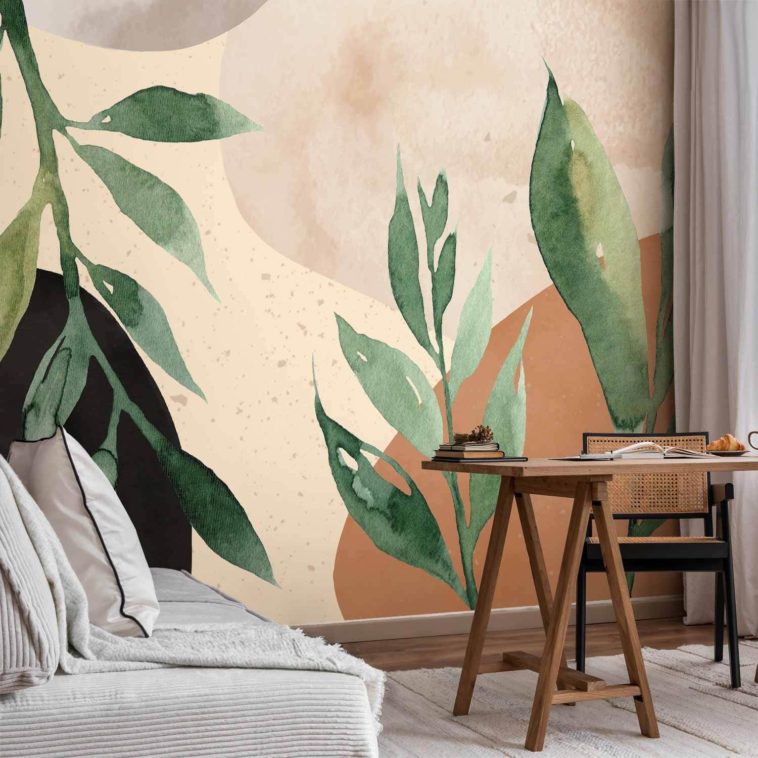 decomonkey - Papier Peint Panoramique Nature 350x256 cm - Décoration murale moderne – Tapisserie décorative pour chambre salon - Scandiboho tendances feuilles plantes nature
