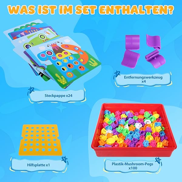 Mosaik Steckspiel für Kinder ab 2 Jahre, Lernspielzeug Steckmosaik mit 24 Farbigen Vorlagen & 46 Steckern, Feinmotorik Spielzeug Pädagogisches Spiel für Jungen & Mädchen, Geschenk für Kleinkinder - 2
