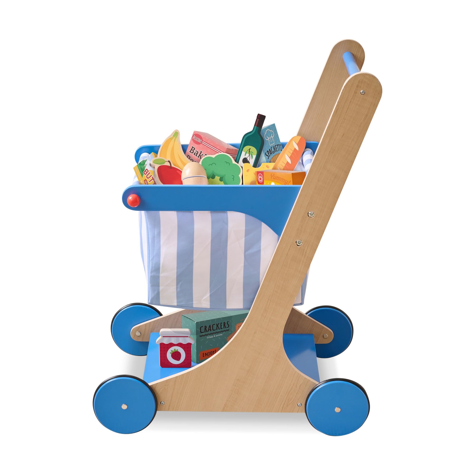 Teamson Kids Carrello della Spesa Little Helper Mr. Fresh, Gioco di Ruolo, per Bambini dai 3 Anni, 44,6x32,4x60 cm, Blu, Legno, con 13 Alimenti e Cestino in Tessuto, 2,4 kg