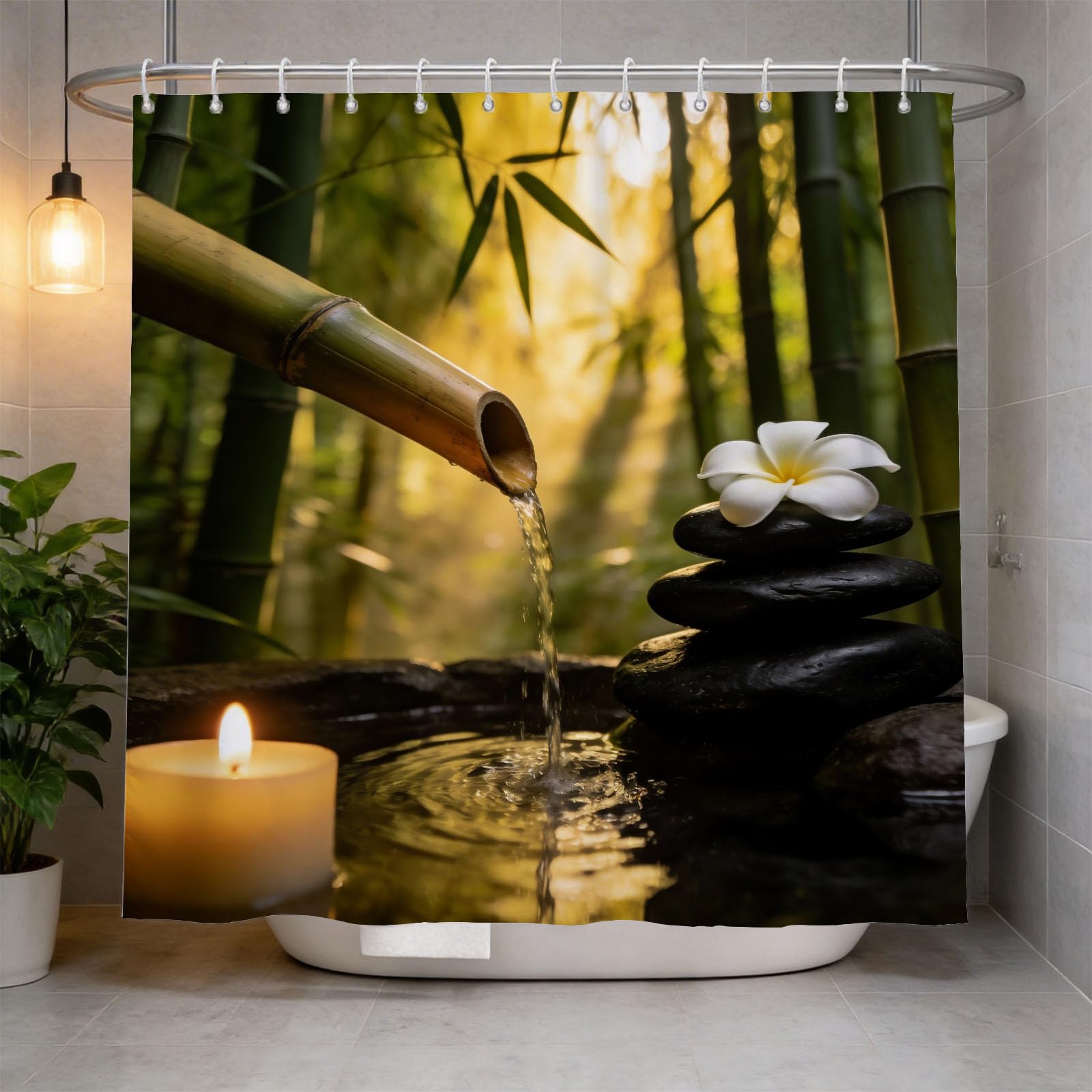 Hongduo 3D Zen Shower Curtain for Stalls Bathtubs Bamboo Bathroom Decor Shower Curtain Set Polyester Fabric Waterproof 120x180cm/48X71 Inch with Hooks