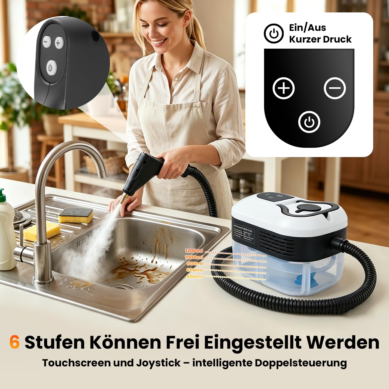 4.5 Bar Dampfreiniger Handgerät, 2500W Handdampfreiniger für das Haus Mehrzweck, 6 Einstellbare Geschwindigkeiten, 1.2L Wassertank, Aufheizzeit & 15 Sekunden für Auto, Küche, Bad, Fliesen, Fenstern